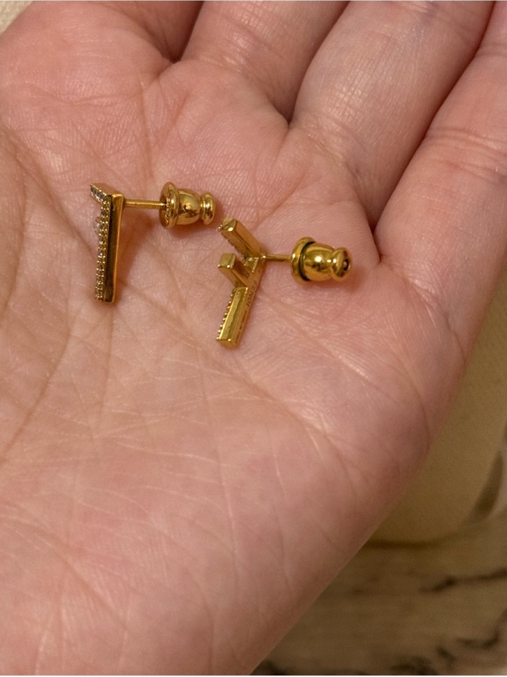 Fendi Crystal First “F” Logo Gold Tone Stud Earrings - Picture 9 of 10